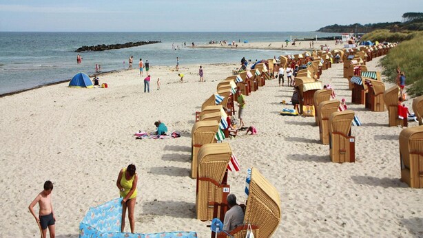 Une plage bordée de rangées de chaises de plage en osier et abritée par une tente.