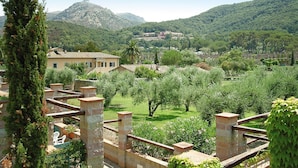 A villa with a garden, a mountain in the background, and a clear sky.