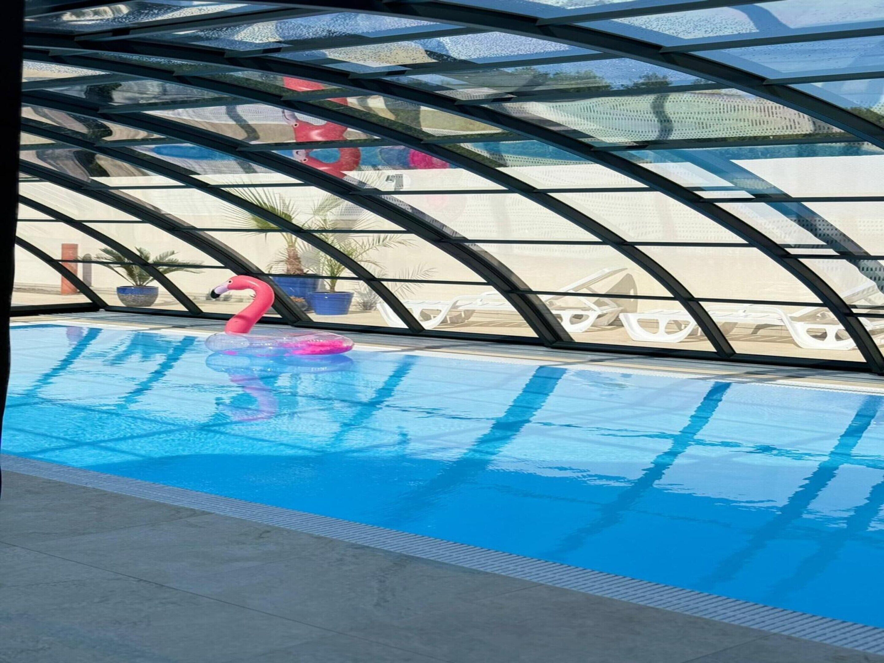 An indoor swimming pool with a pink flamingo float, surrounded by lounge chairs and potted plants.