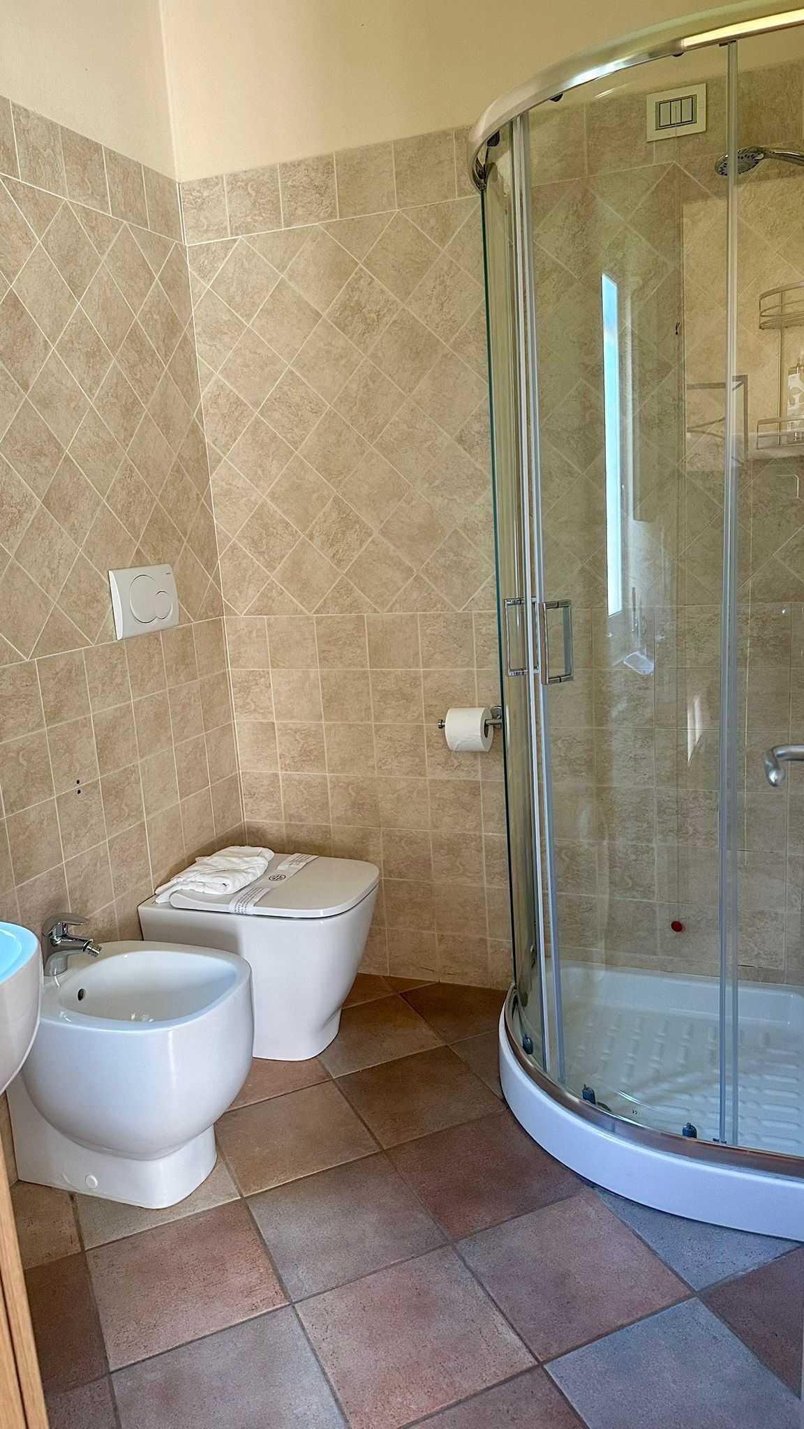 A bathroom with a glass-enclosed shower, a bidet, and a toilet.