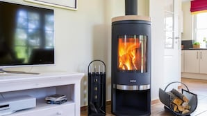 Ein modernes Wohnzimmer mit Fernseher, einem Justus Kaminofen, einem Kamin und einem Holzkorb.