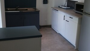 Pieni, käytännöllinen keittiö, jossa on pesuallas, astianpesukone ja mikroaaltouuni.