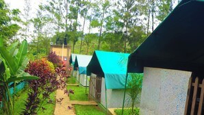 A row of green-roofed cottages with a stone pathway leading to them, surrounded by lush greenery and trees. - Pacha Waterfront Nithi (Chuka)