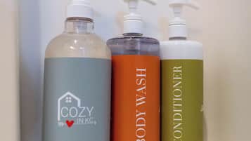 Hair dryer, towels, soap, shampoo