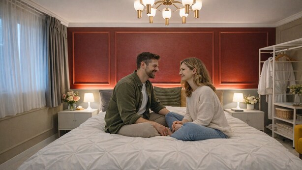Una parella asseguda sobre un llit en una habitació d'hotel amb una paret vermella decorativa, una làmpada de cristall i una tauleta de nit amb una làmpada i flors.