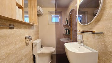 Shower, hair dryer, towels, soap