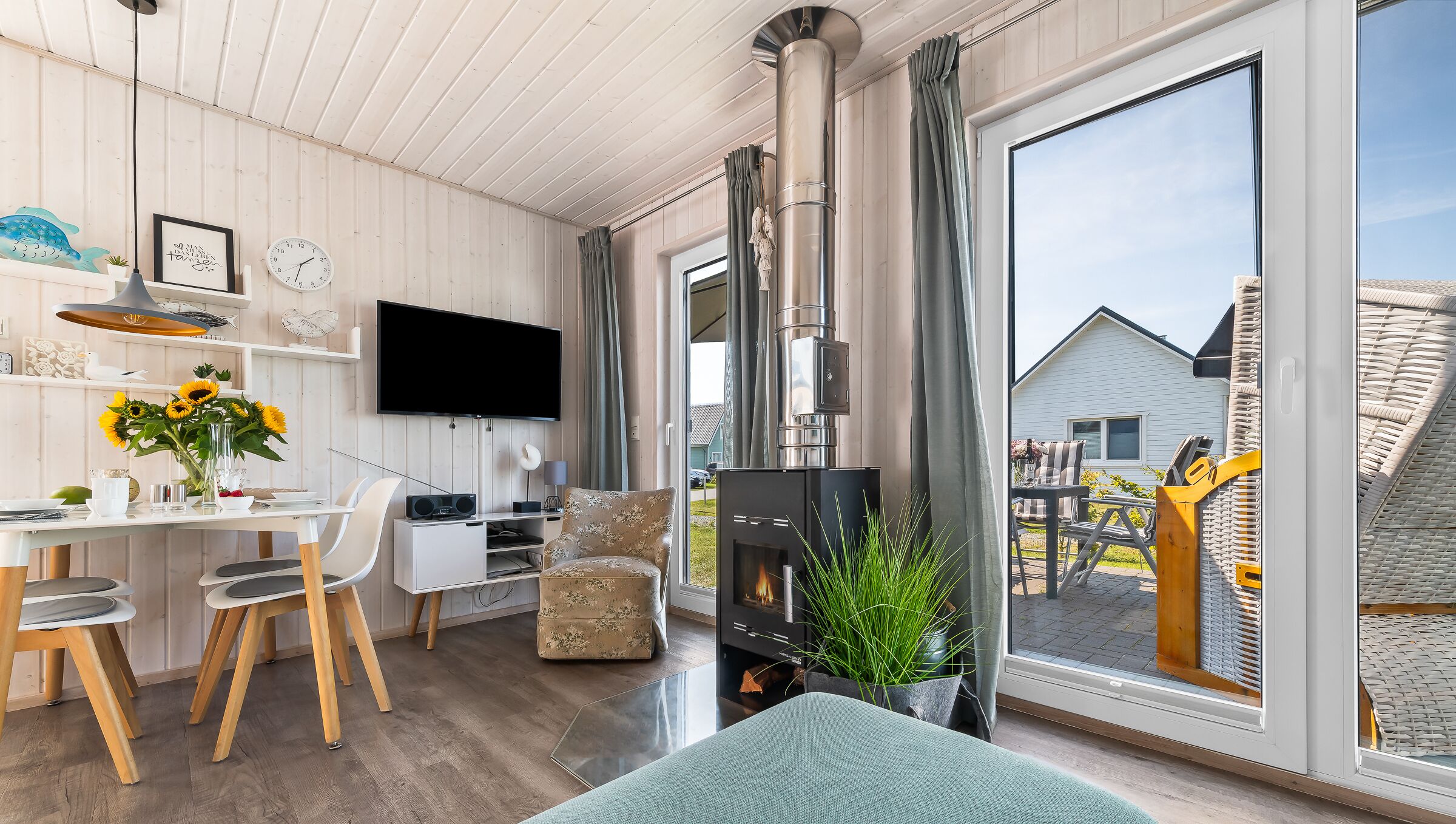 TV, fireplace, video library