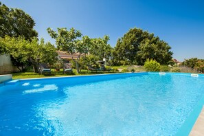 A rectangular swimming pool with clear blue water, surrounded by a grassy area and trees. - Villa Ferenc (Rovinj)