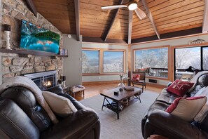 Smart TV, chimenea, libros