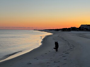 On the beach, sun-loungers, beach towels