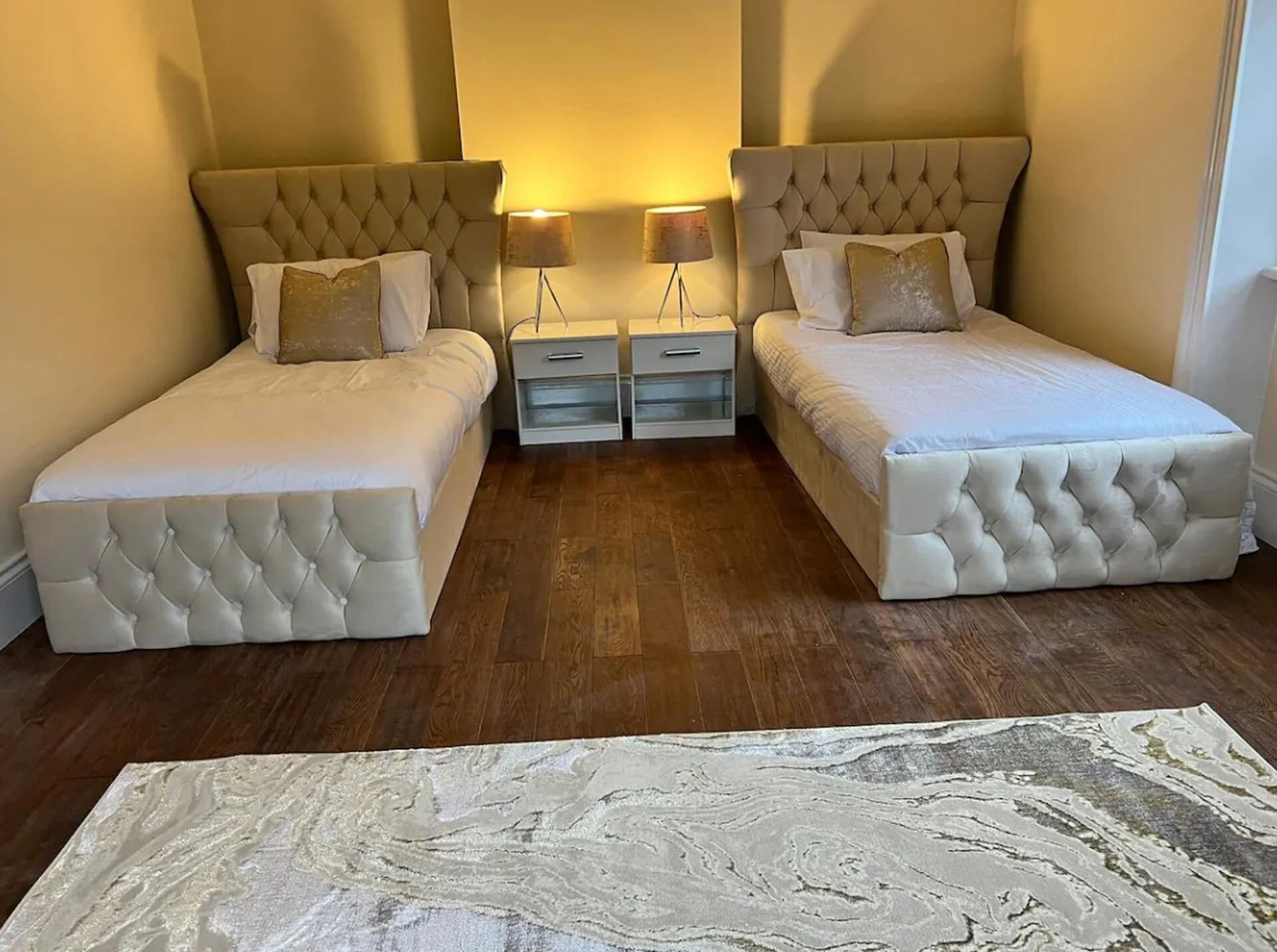 A bedroom with two beds, a nightstand with drawers, and a marble-patterned rug.