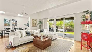 TV, fireplace, video games, foosball