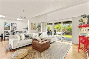 TV, fireplace, video games, foosball