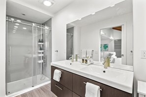 Shower, hair dryer, shampoo