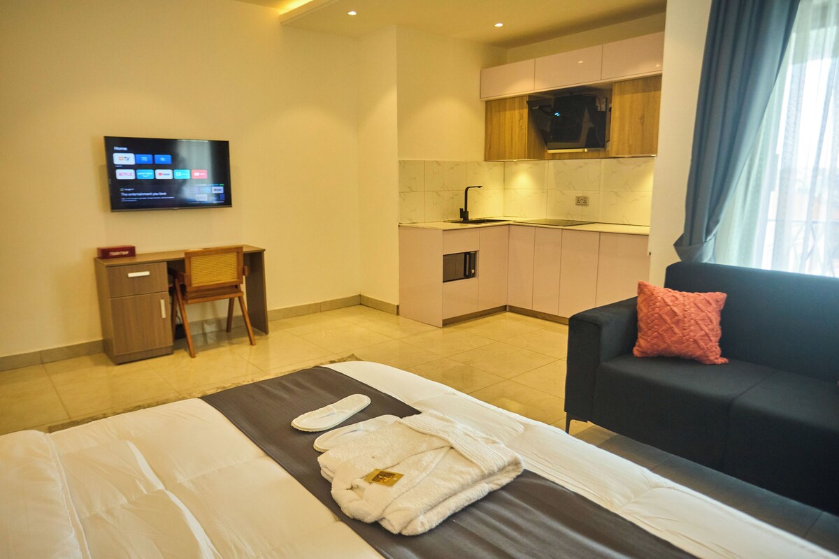 A hotel room with a bed, a desk, a TV, a sofa, and a kitchen area.