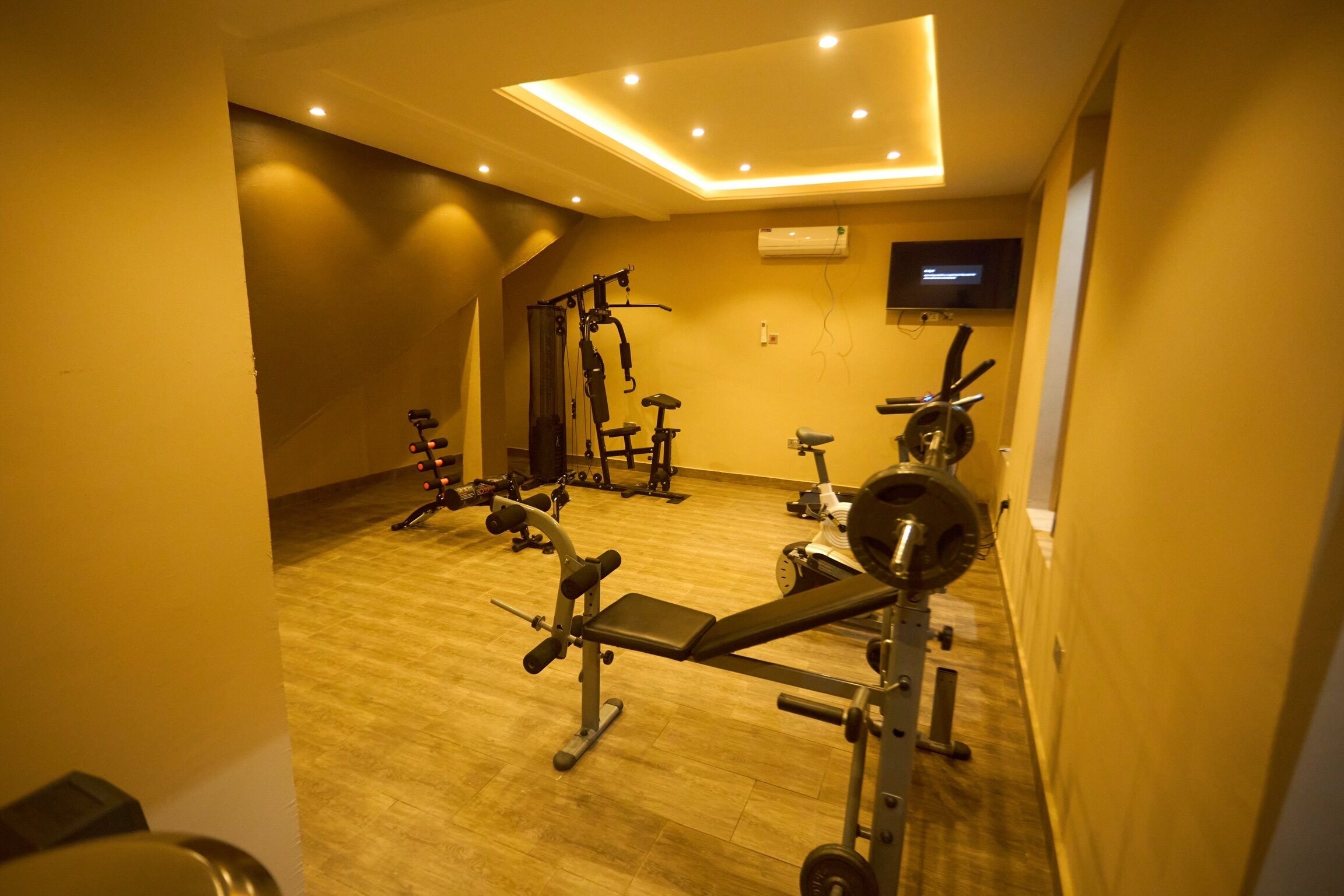 Une salle de sport équipée de divers appareils d’exercice, avec un téléviseur accroché au mur et un plancher en bois.