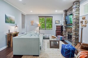 Smart TV, chimenea y libros
