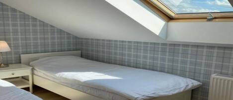 A bedroom with a skylight, a bed, a bedside table, and a radiator.