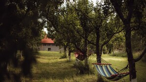A hammock tied between trees in a grassy area with a building in the background. - Apartment in Gronowo Near Lake Siecino (Zlocieniec)