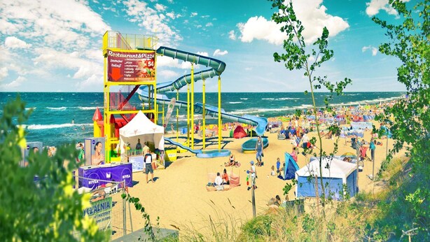 A beach with a water slide, beach umbrellas, and tents. - Apartment in Pobierowo Near Baltic Beach (Rewal)