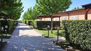 Ein gepflasterter Weg, gesäumt von ordentlich geschnittenen Hecken und Bäumen, führt zu einer Reihe von Gebäuden mit einheitlichem Baustil.