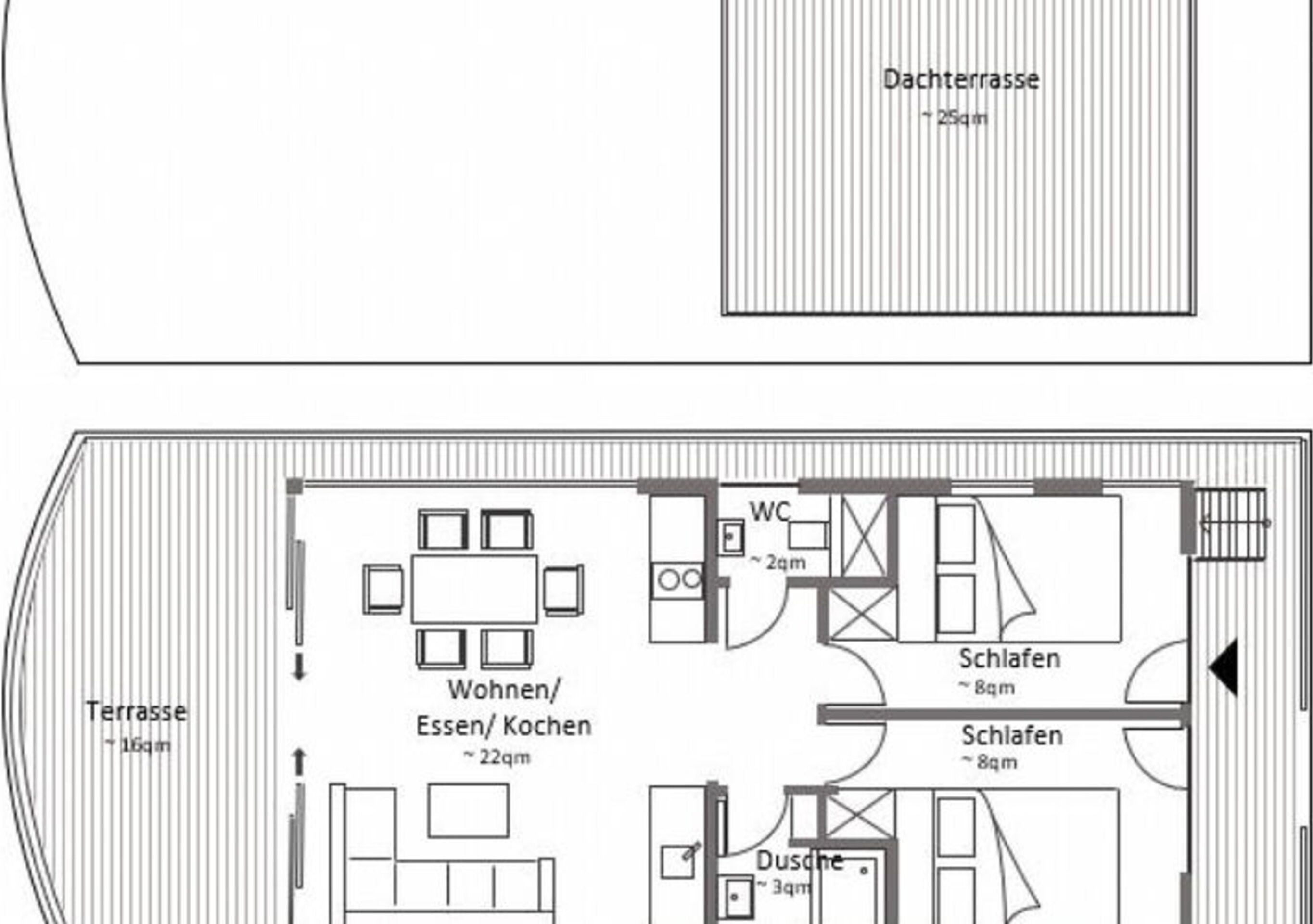 A floor plan of a hotel with a terrace, two bedrooms, a bathroom, a living/dining area, and a small bathroom.