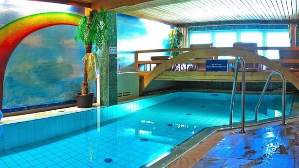 Une piscine intérieure dotée d’une terrasse en bois, d’une plante en pot et d’une fresque murale aux couleurs de l’arc-en-ciel.