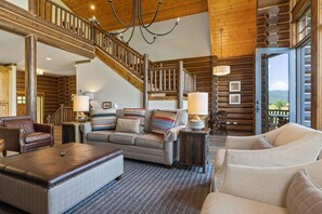 TV, fireplace, books, stereo