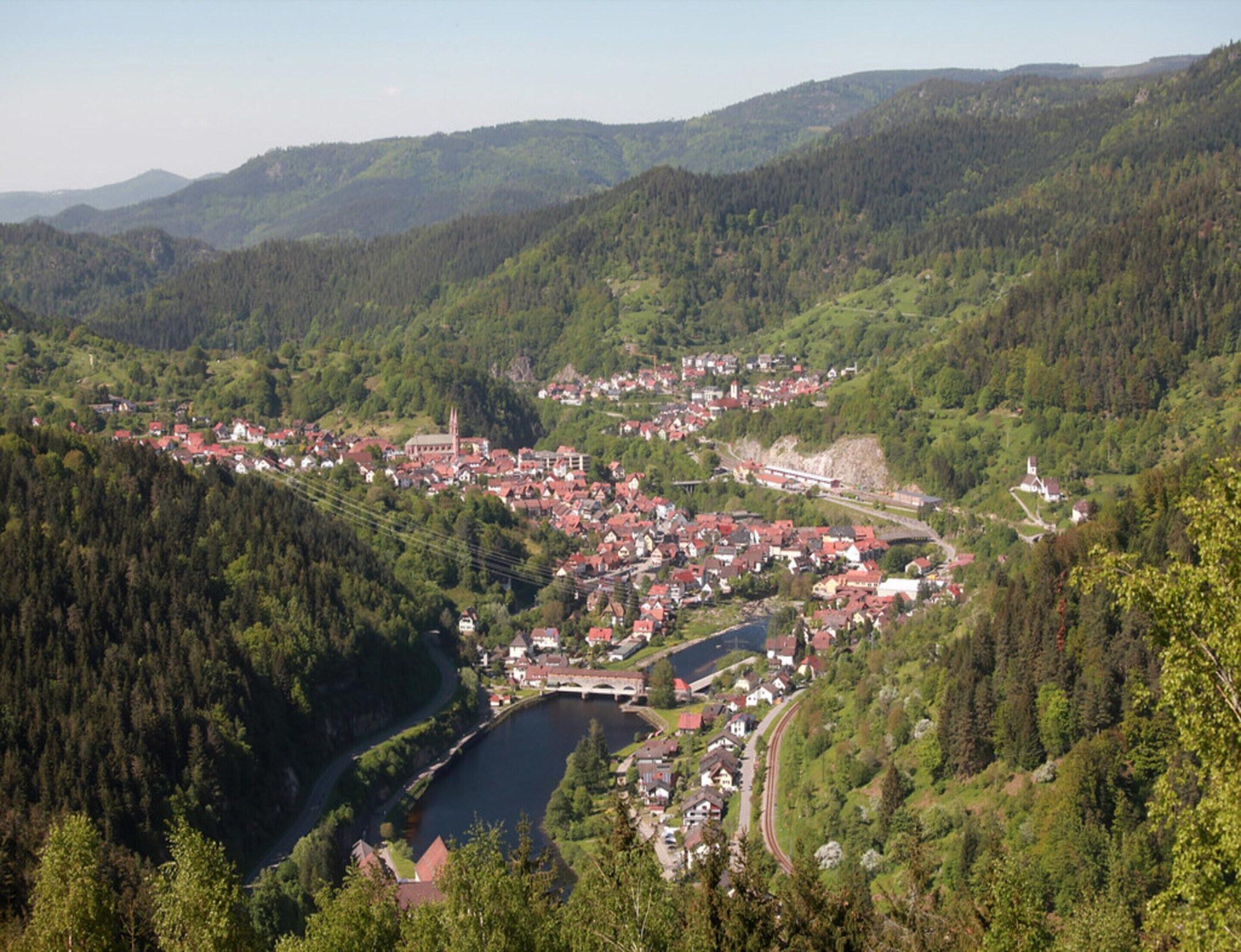 Une ville nichée dans une vallée, traversée par une rivière et entourée de collines boisées.