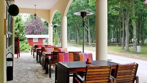 Una terrazza esterna con pavimento in pietra, tavoli e sedie in legno e vista su un parco con alberi e un edificio sullo sfondo.