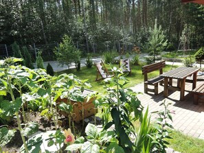 A garden with a wooden bench and picnic table, surrounded by various plants and trees. - Chalet Near Baltic Sea and Wolinski Park (gmina Wolin)