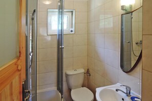 A bathroom with a glass shower enclosure, a toilet, and a sink with a mirror. - Chalet Near Baltic Sea and Wolinski Park (gmina Wolin)