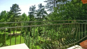 A balcony with a metal railing overlooking a grassy area with trees. - Holiday Home in Kretowiny Near Lake (Morag)