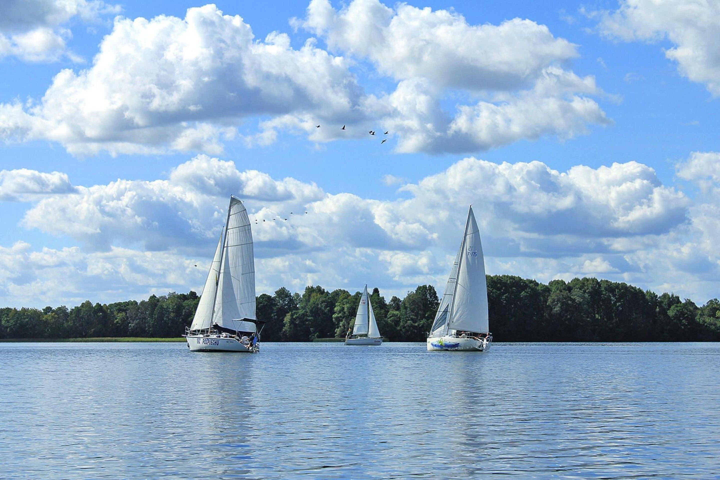 Three sailboats on a calm lake with a forested shoreline under a partly cloudy sky.