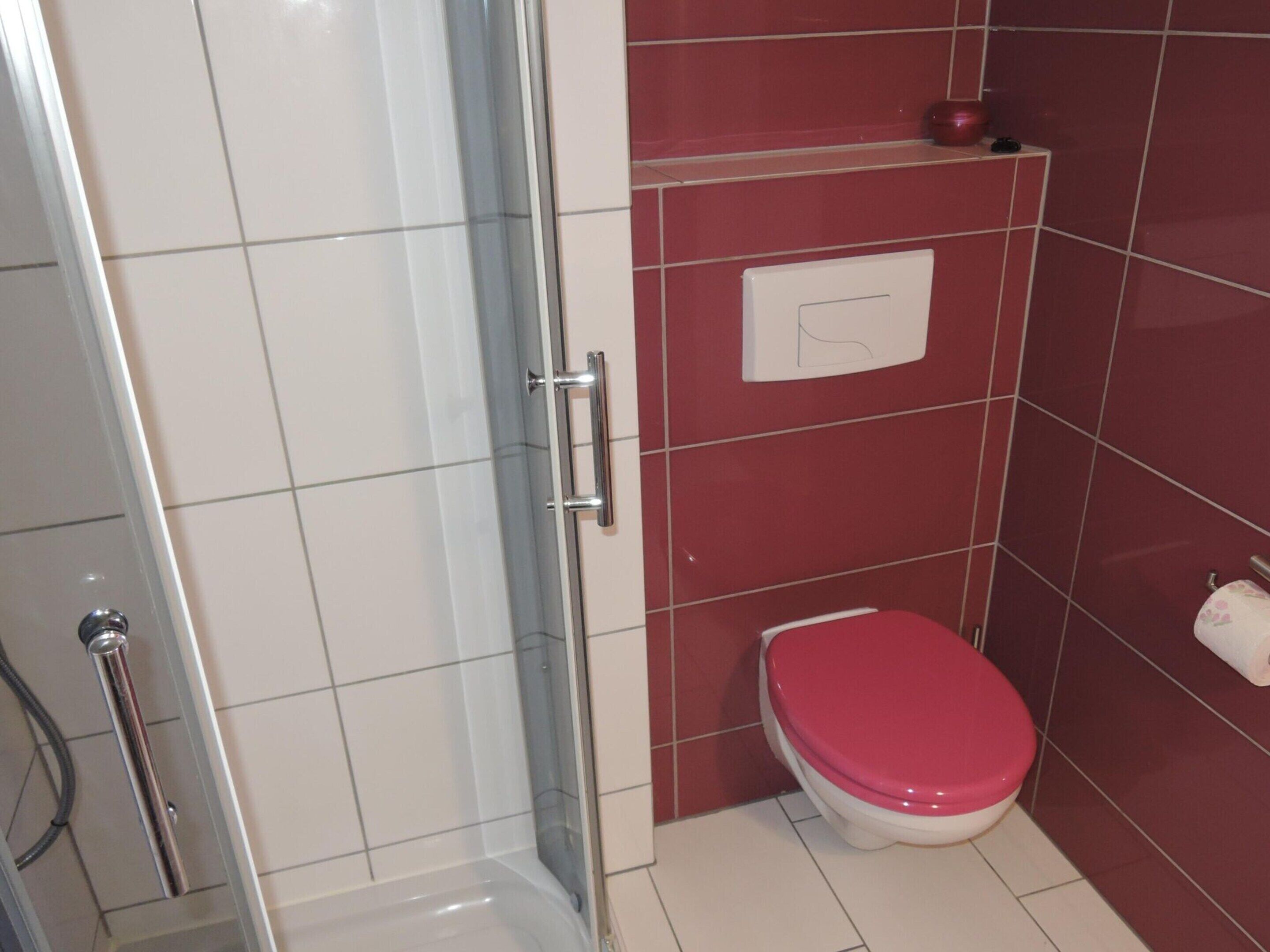 Une salle de bain avec une douche à parois de verre, des toilettes blanches et un mur recouvert de carreaux rouges.