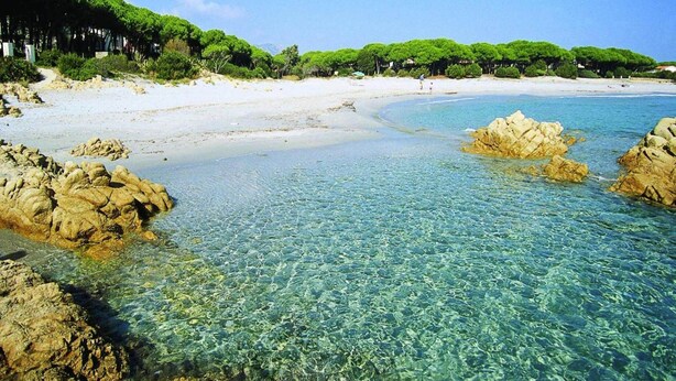 Uma praia com águas cristalinas e rasas, formações rochosas e uma faixa de areia.