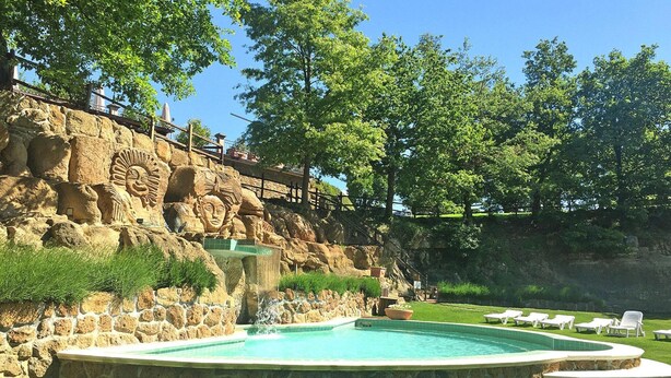 Une piscine bordée d’un mur de pierre et ornée de sculptures rupestres, entourée d’une pelouse et d’arbres.