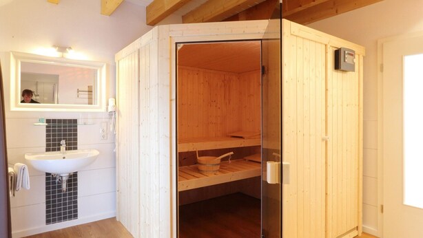 A modern bathroom with a wooden sauna, a sink, and a glass shower enclosure. - Apartment in Eifel With Terrace and Nature (Lissendorf)
