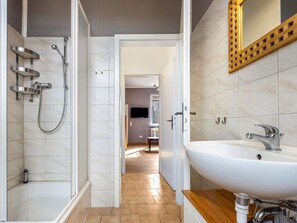 A modern bathroom with a shower, sink, and mirror. - Reihenhaus mit Wlan in Buchholz am Muritzsee (Buchholz)
