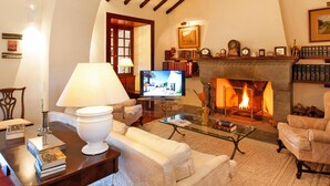 Un salon chaleureux avec une cheminée, des fauteuils confortables et un téléviseur.
