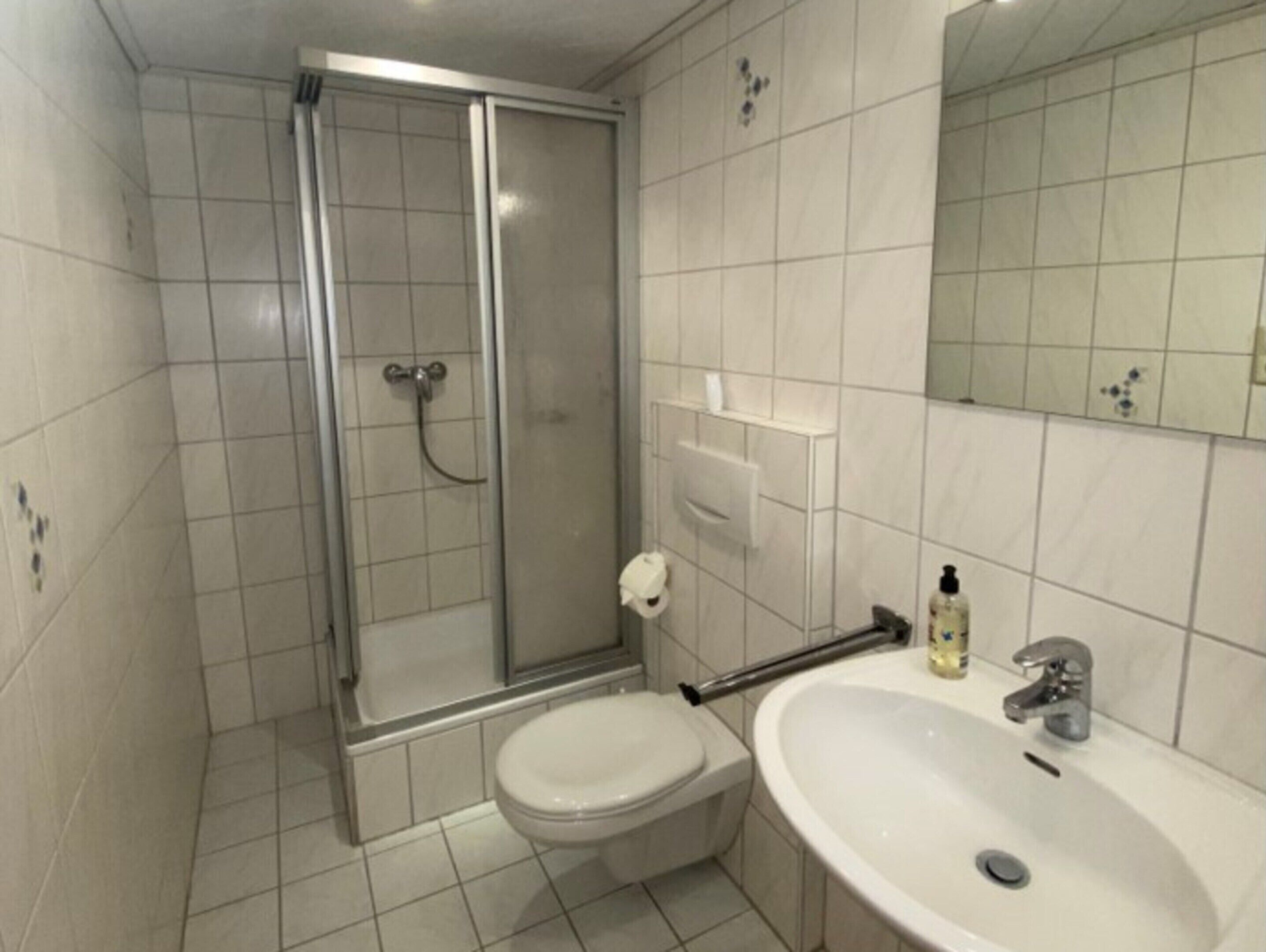 Un baño con ducha, inodoro, lavabo y espejo.