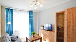 A modern living room with a grey sofa, a wooden cabinet, a television, and a striped rug. - 2-room Holiday Apartment Close to the Beach (Kołobrzeg)