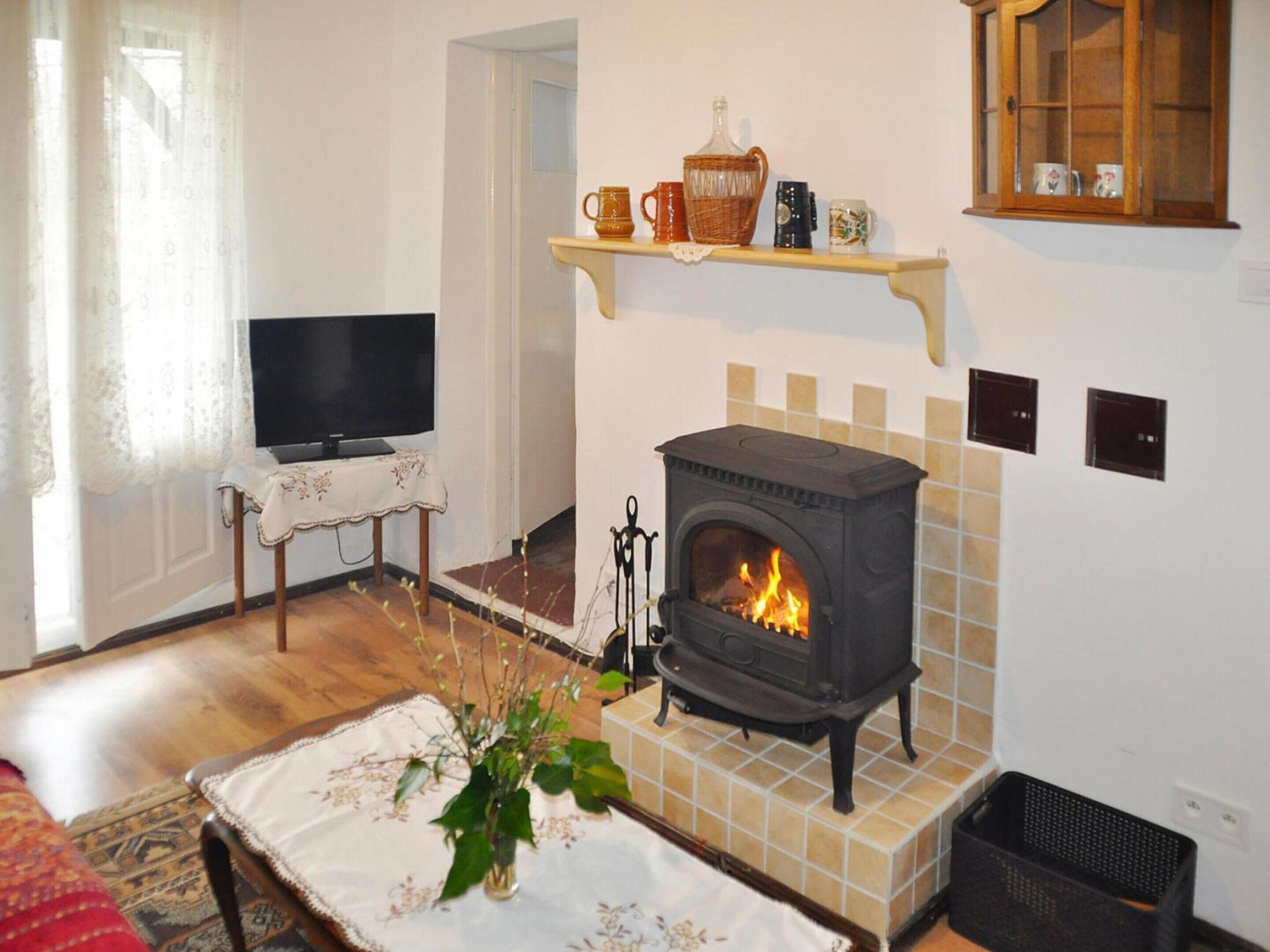 A cozy living room with a fireplace, a television, and a shelf with decorative items.