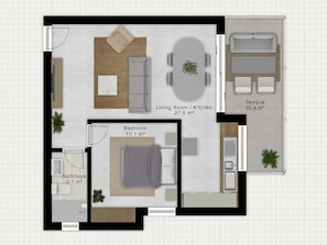 Appartamento, 1 camera da letto, balcone, vista città | Piantina