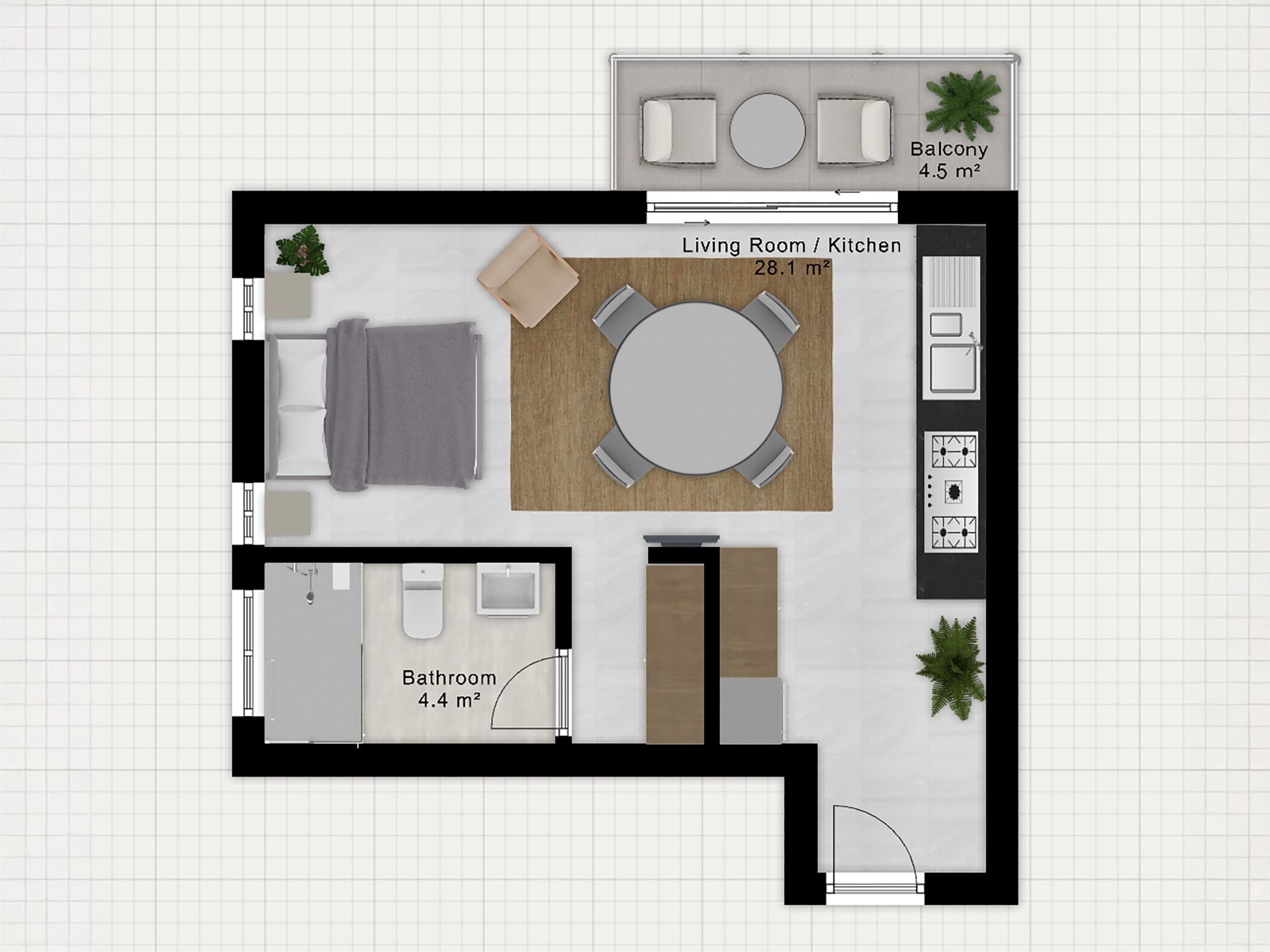 A floor plan of a living room/kitchen area measuring 28.1 m², a bathroom of 4.4 m², and a balcony of 4.5 m².