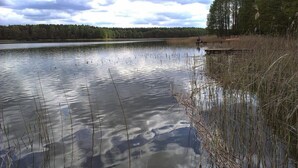A calm lake with reeds and a dock extending into the water. - Great Holiday Home in the Middle of Nature and Right on the Lake, Natac Wielka (Nidzica)