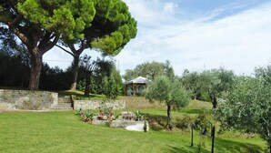 A garden with a gazebo, stone walls, and various plants. - Holiday Home Villa del Pino, Massarosa (Massarosa)