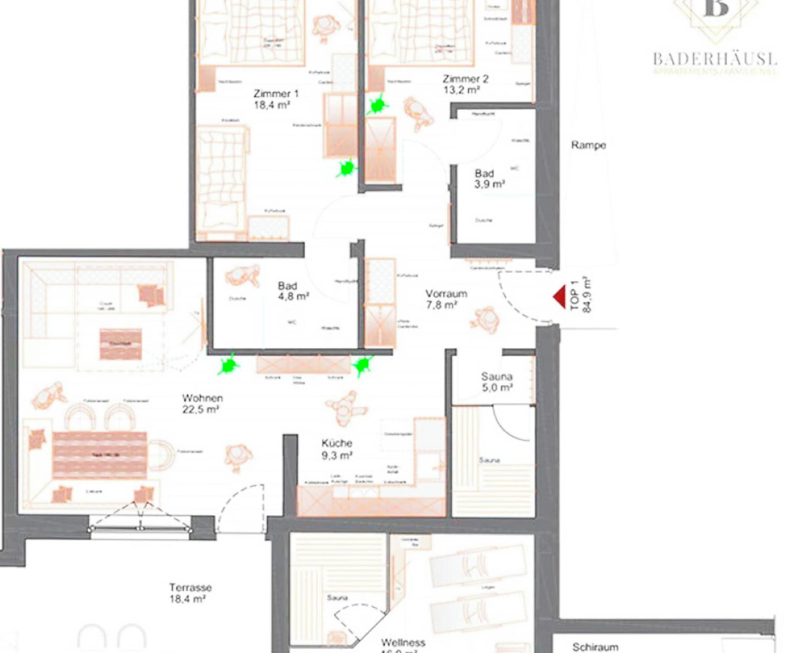 Un hôtel comprenant plusieurs chambres, dont une cuisine, un espace de vie, une salle de bain et un sauna.