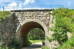Un pont de pierre avec une arche enjambant un sentier étroit, le tout entouré de verdure.