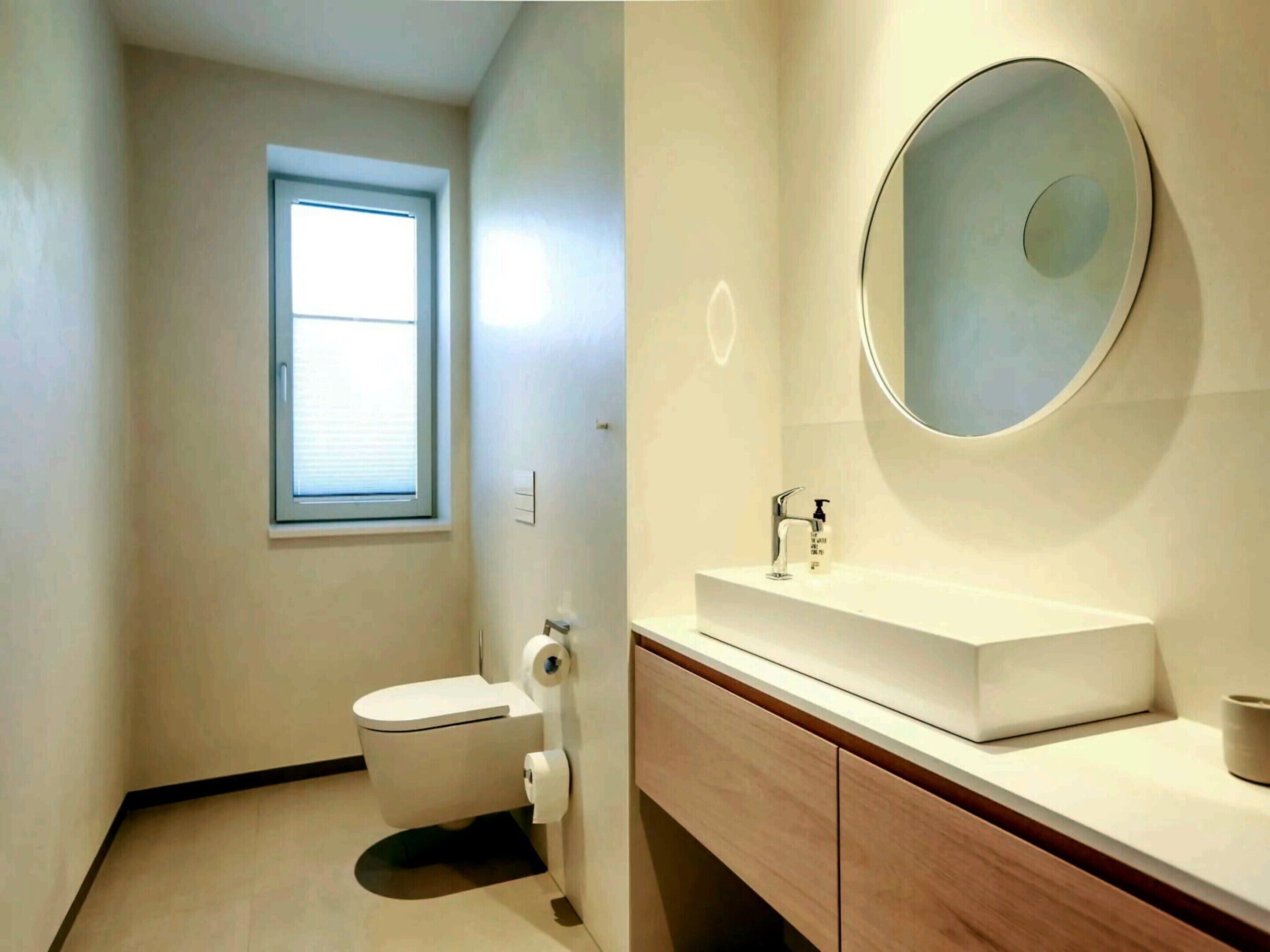 A modern bathroom with a toilet, sink, and mirror.